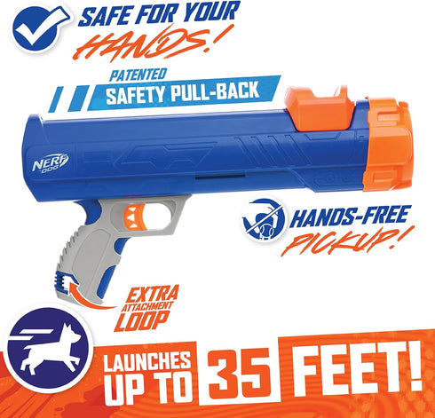 Nerf Dog 12in Blaster without Ball Clip - 3 Squeak Tennis Balls, Opaque Blue/Orange/Gray, Orange, Blue, Green