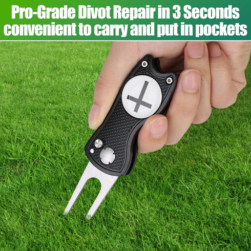 Golf Divot Repair Tool with Magnetic Ball Marker - Stainless Steel Foldable Divot Tool & Golf Divot Tool Featuring