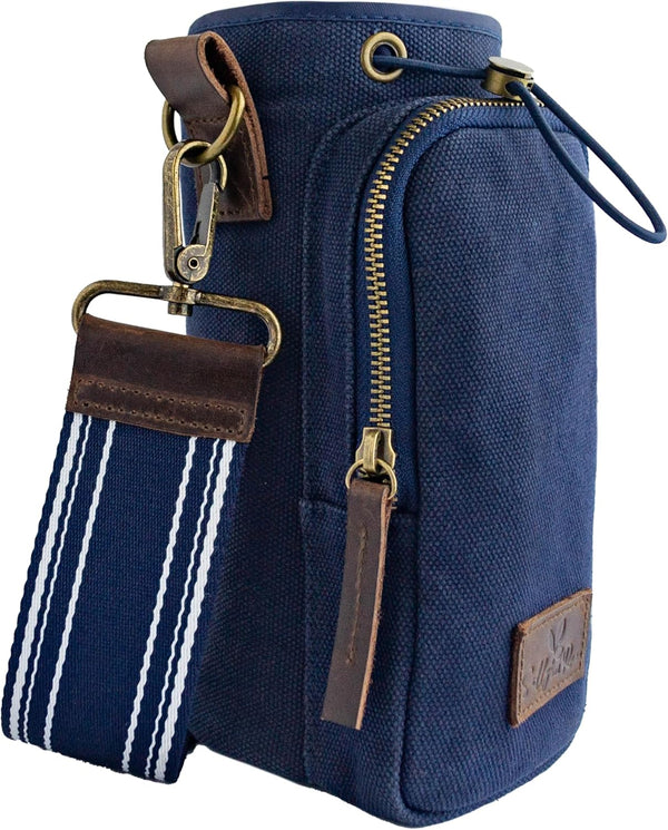 Water Bottle Holder for Walking, Durable Cotton Canvas with Genuine Leather, Insulated Crossbody Strap with Pocket