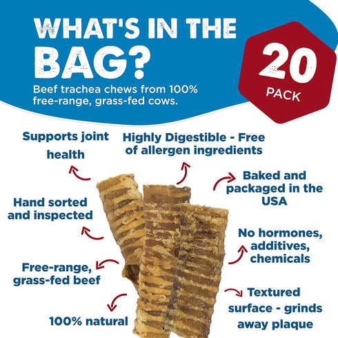 Best Bully Sticks Premium 6 Inch Beef Trachea Dog Chews (20 Pack) - 100% Beef, Grain-Free, All-Natural, Promotes Dental