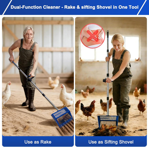 28"-68", Chicken Poop Scooper & Rake, Stainless Steel Shovel Head Pooper Scooper with Reuseable Yard Waste Bags