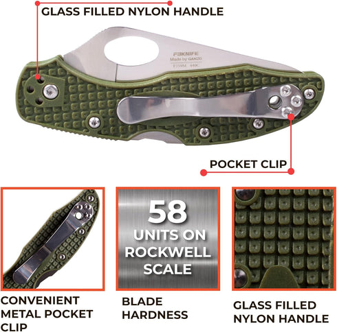 GANZO Firebird F759M Pocket Folding Knife, 440C Stainless Steel Blade, Anti-Slip Handle with Clip, Green