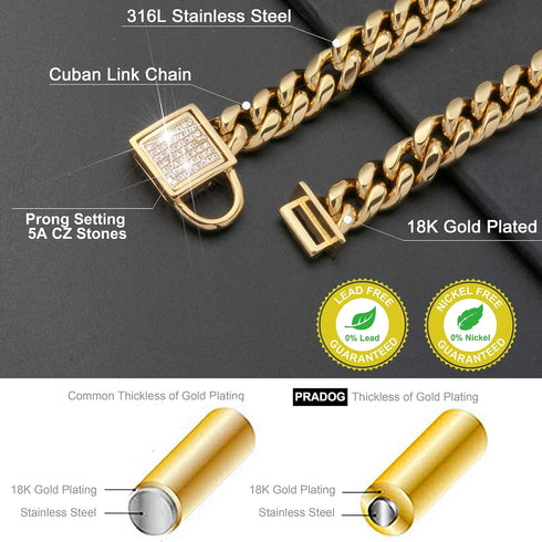 PRADOG Gold Chain Dog Collar, Stainless Steel Cuban Link Collar with Zirconia Buckle, Designer Bling Puppy Necklace