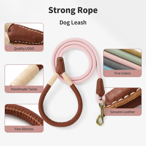 Mile High Life Dog Leash | 5 Feet Strong Rope with Premium Leather Handle | Heavy Duty Clasp | Pink for Small Medium