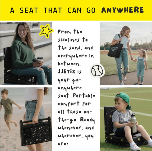 JJETIX Stadium Seat Bleacher Chair for Adults & Kids with Back Support, Cup Holder, Storage Pouch - Foldable