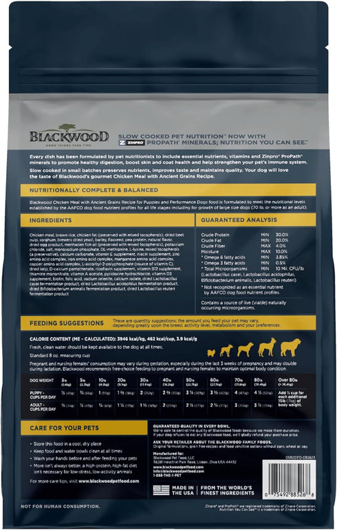 Blackwood Puppy & Performance Dry Dog Food, Chicken Meal with Ancient Grains, 10 Pound Bag for Growing & Working Dogs