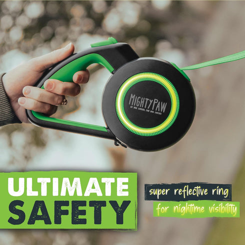 Mighty Paw Retractable Dog Leash 2.0, 16' Heavy Duty Reflective Nylon Tape Lead for Pets up to 110lbs (Green/Lite)