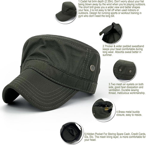 Quick Dry Hidden Pocket Cadet Army Hat Military Style Flat Top Baseball Dad Sun Cap
