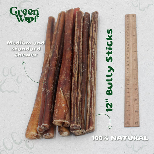 Bully Sticks (12 Inch), 100% Pure Beef Treats, Easily Digestible, Organic, Grain-Free, Durable Chews for Medium & Large