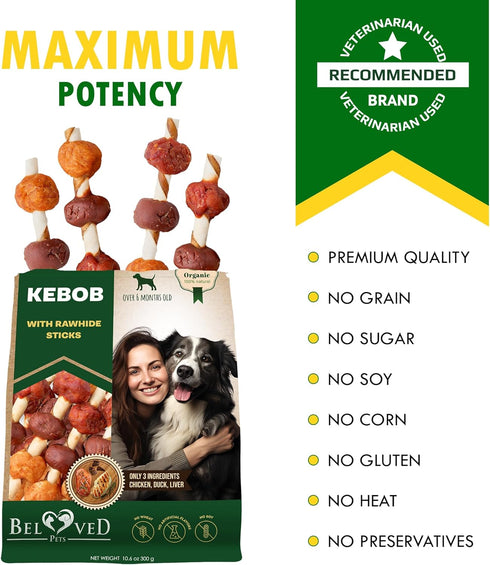 Kabobs Dog Rawhide Treats with Duck & Chicken, Grain Free, Long Lasting Chews for Large & Small Dogs