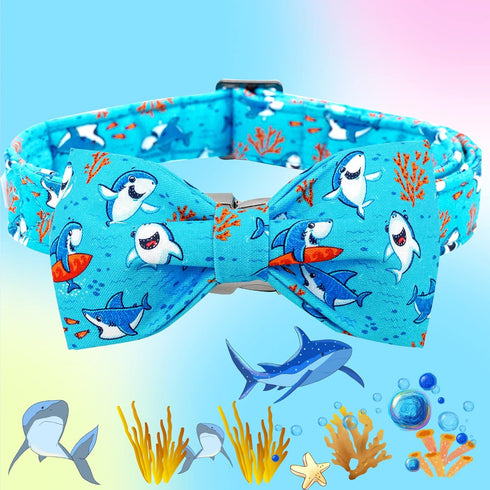 Shark Print Bowtie Dog Collar for Boys, Soft Durable Adjustable Collars for X-Small Puppies