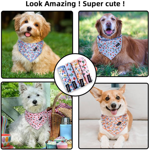 Dog Bandanas Spring, 4PCS Puppy Bandana, Orange Pink Blue Floral Printing Dog Bib Handkerchief Scarf