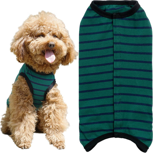 Dog’s Recovery Suit, Post Surgery Shirt for Puppy, Wound Protective Clothes for Little Animals (Green Black Stripe-M)