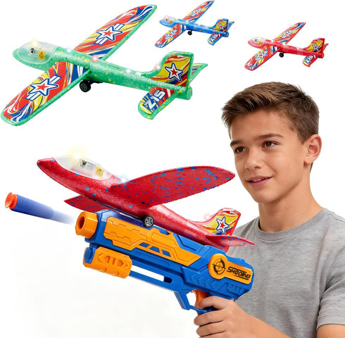 JOYIN LED Foam Glider Airplane Launcher Set, Included Light-Up Flying Planes and