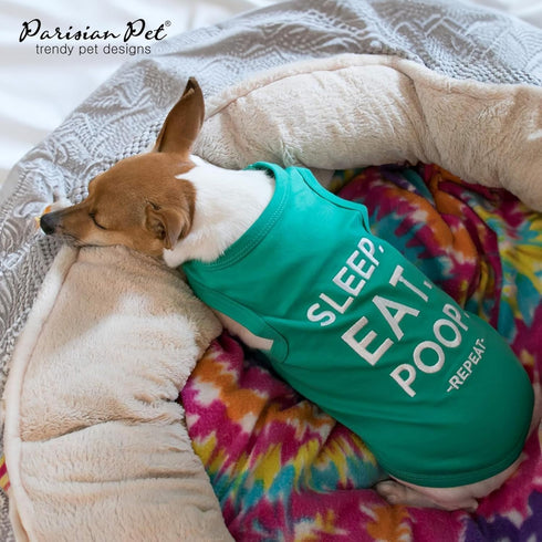 Parisian Pet Unisex Dog Tshirt - Embroidered “Sleep, Eat, Poop, Repeat“ - Lightweight Cotton Tank Top, Machine