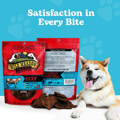 Wild Meadow Farms Classic Beef Bites - Soft Jerky Treats for Dogs - Grain-Free & All-Natural - 3.5 Ounce Pouch