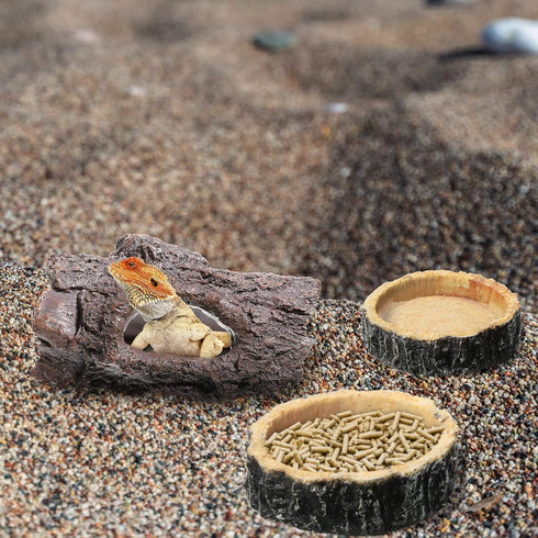 Reptile Hide, Food Bowls, Lizard Resin Hollow Tree Trunk Hideout, Bearded Dragon Tank Accessories, 3 Pcs (Brown Rock)