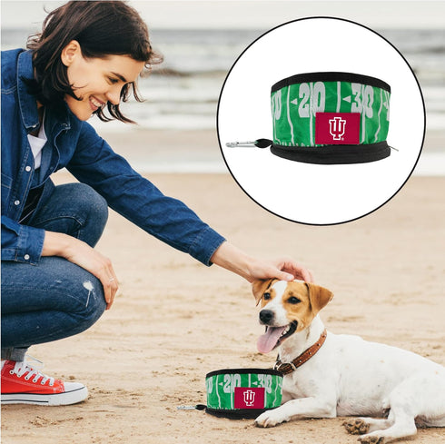 NCAA INDIANA HOOSIERS Collapsible Dog Travel Bowl, Food and Water Bowl for Dogs & Cats. Best Portable & Lightweight Leak-Proof Pet Bowl for Travel with Football Field & Pebble-grain design.