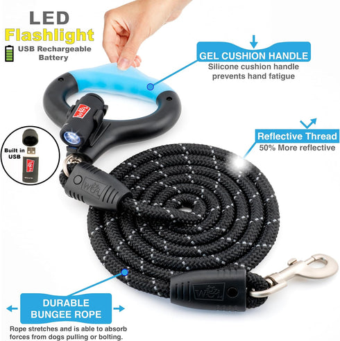 WIGZI Luna Dog Leash with Rechargeable LED Light No Batteries, Detachable Light, Liquid Filled Gel Comfort Handle, Reflective Heavy-Duty Rope, 6 Ft Length up to 200lb Dog, Black Color