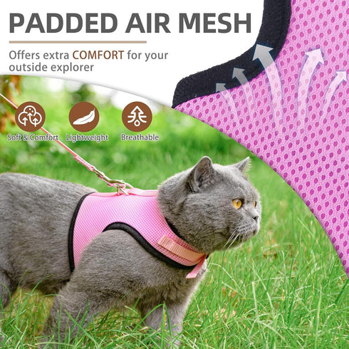 PUPTECK Soft Mesh Cat Vest Harness and Leash Set, Escape Proof Padded Pet Harness for Small Dogs, Pink Large