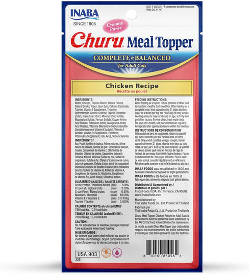 INABA Churu Meal Topper for Cats, Chicken Recipe, Creamy Lickable Purée, Complete & Balanced, 0.5 Ounce Tube, 24 Tubes