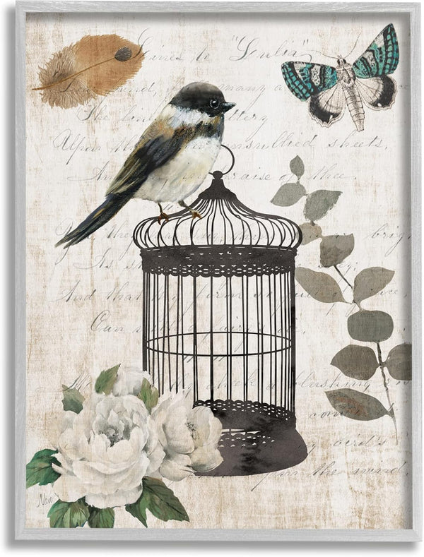 Stupell Industries Vintage Bird Cage Butterfly Floral Script Words Framed Wall Art, Design by Nan