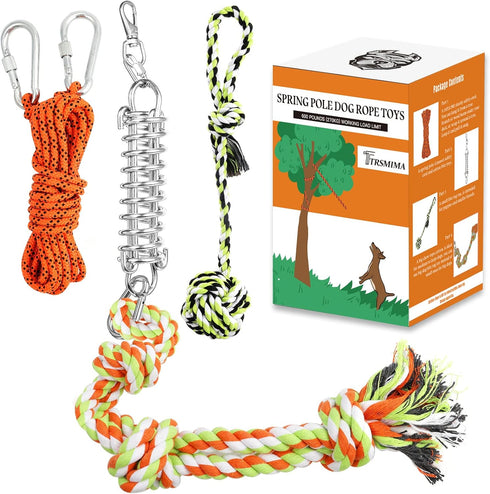 Spring Pole Dog Rope Toys - Interactive Tug of War Toy with Big Spring Pole Kit & 2 Strong Rope Toys, 16ft Rope