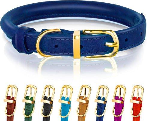 OOPSDOGGY Reflective Rolled Leather Dog Collar - Adjustable Soft Padded Collar for Small Breed Dogs (XXS, 7"-9", Blue)