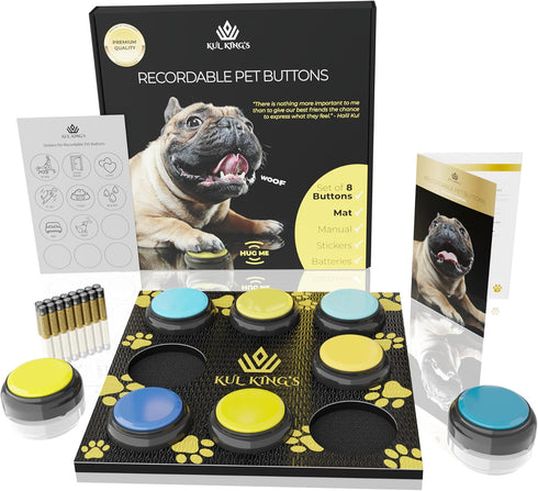 KUL KING’S Dog Talking Button Set - 8 Recordable Buttons, Waterproof Mat, Training Manual, 30s Recording for Dogs