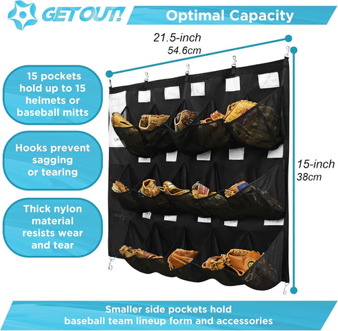 Get Out! Dugout Organizer for Helmets, Gloves, Bats - 15 Pocket Baseball Coaching Accessories with 7 Hooks