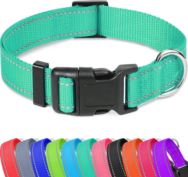 Taglory Reflective Adjustable Dog Collars for Small Medium Large Dogs, Thin Nylon Webbing, Quick Release Buckle (Teal
