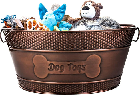 Indestructible Metal Dog Toy Bin, Copper Galvanized Storage Box with Handles, Dog Bone Design for Chew Toys, Blankets,