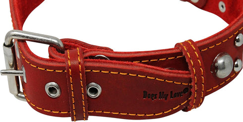 Red Real 1.5" Wide Thick Leather Studded Dog Collar, Fits 17"-21.5" Neck, Large Breeds