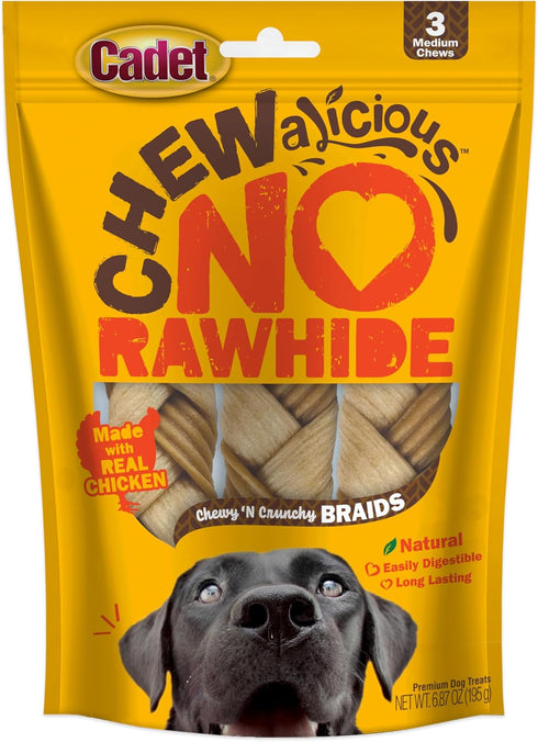 Cadet Chewalicious Chewy 'N Crunchy Braid Dog Treats, Rawhide-Free, Real Chicken, 3 Count