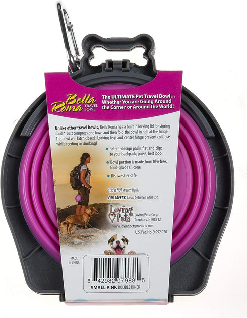 Loving Pets - Bella Roma Double Diner Portable Travel Dog Bowls - Collapsible Combined Dog Food & Water Bowls (Pink,