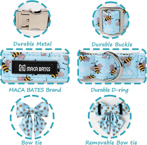Maca Bates Blue Bee Dog Collar | Adjustable Bowtie for Small Medium Large XL Dogs with Golden Metal Buckle