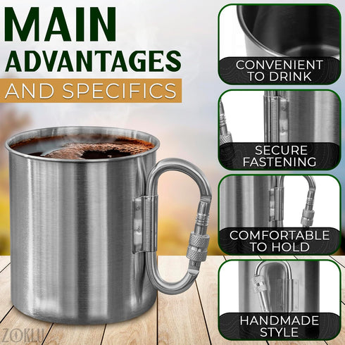 Stainless Steel Mug with Handle, 13.5Oz Coffee Camping Mug with Carabiner for Outdoor Gear