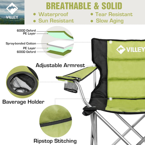 VILLEY Camping Chairs, Padded Folding Chair, Outdoor Portable High Camp Chair, Foldable Outside Arm Chair with Cup