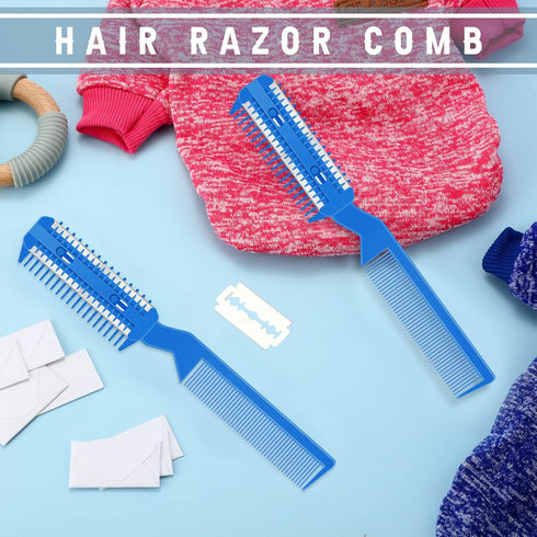 5 Pieces Razor Comb for Dogs, Pet Grooming Trimmer Comb with 25 Extra Blades, Manual Double Edge Razor (Blue)