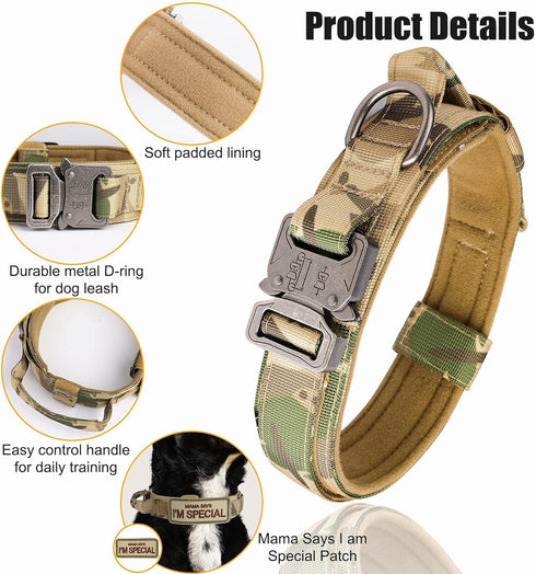 KCUCOP Tactical Dog Collar with Handle, Adjustable Heavy Duty Military Collar with Metal Buckle and Patches for Large