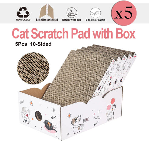 5 Packs in 1 Cat Scratch Pad with Box, Reversible Durable Cardboard Scratcher for Cats to Rest and Grind Claws
