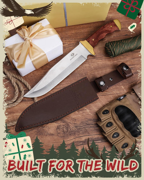 Mossy Oak 14-inch Bowie Knife - Full-tang Fixed Blade, Wood Handle Hunting Knife with Leather Sheath for Camping,
