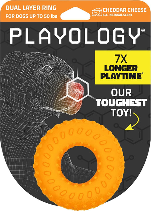 Playology Durable Dog Chew Toy, Dual Layer Ring, Cheddar Cheese Scented Orange for Medium Dogs