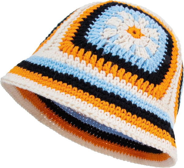 Handmade Crochet Knitted Bucket Hat Summer Floral Beanies Cap (Orange)
