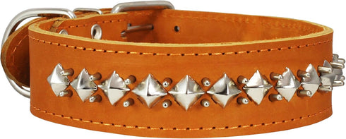 Thick Genuine Leather Spiked Studded Dog Collar - Brown, Fits 18"-22" Neck for Retriever, Doberman, Rottweiler, Pitbull