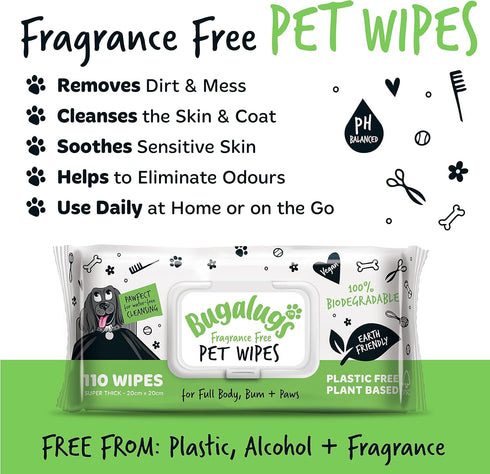 110 Biodegradable Dog Wipes, 100% Plastic Free for Full Body, Eye, Ear, Bum & Paws Grooming, Fragrance Free