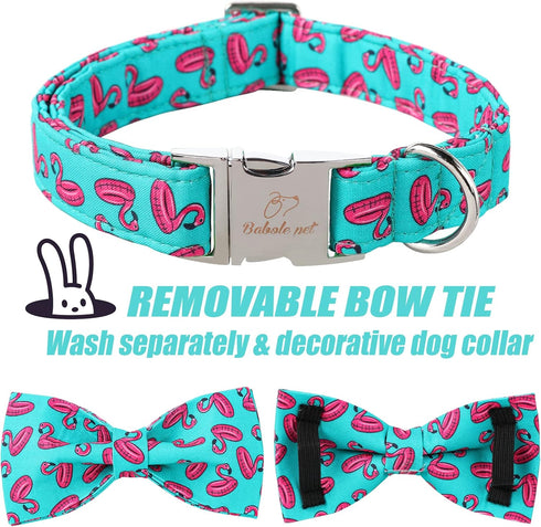 Dog Collars with Bow Tie, Green Flamingo Dog Collar with Safety Metal Buckle, Adjustable for Small Medium Large Dogs,