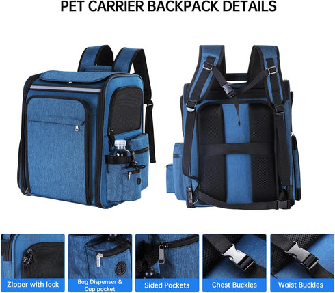 Pet Travel Carrier Backpack, Blue, Soft-Sided Breathable Mesh for Cats, Dogs, Puppies up to 20 lbs