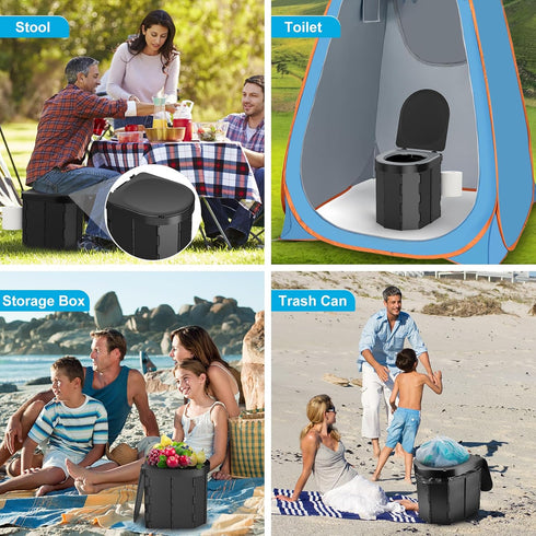 Portable Camping Toilet with PU Cushion, Folding Porta Potty for Adults with Lid and Toilet Paper Holder, Waterproof