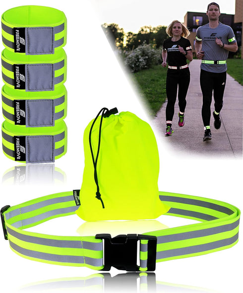 FREEMOVE Reflective SASH with 2 Bands or Reflective Runners Waist Belt with 4 Arm Bands for Visibility & Safety